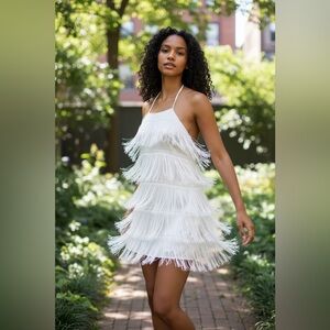 PrettyLittleThing White Fringe Mini Dress